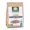 A brown paper bag of Nordic Hempfarm Organic Hemp Seed, labeled in green and black, displays scattered hemp seeds. This 350g bag is rich in omega-3 fatty acids and ideal for ketogenic diets. Brand: Nordic Hempfarm.