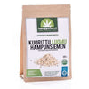 A brown paper package labeled “Nordic Hempfarm Organic Peeled Hemp Seed” (250g) from Nordic Hempfarm, a wholesome protein source rich in omega-3 fatty acids, with nutrition info and seed images displayed on the front.