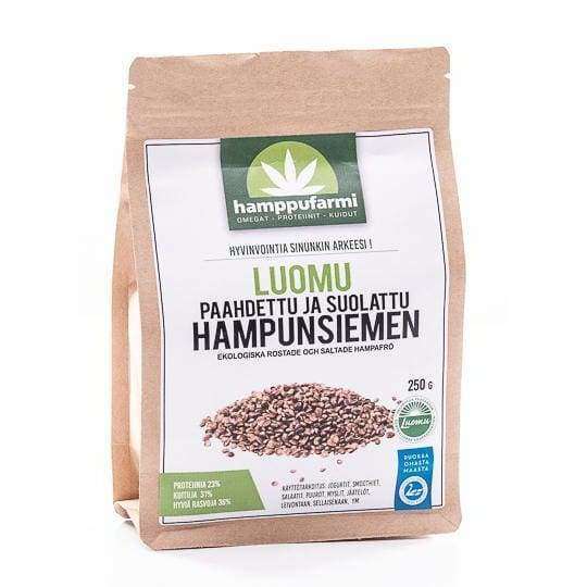 A brown paper package of Nordic Hempfarm Organic Roasted and Salted Hemp Seed, 250g, featuring Finnish text and a hemp seed image. Enjoy a wholesome Finnish snack, rich in omega-3 fatty acids from Nordic Hempfarm.