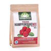 A brown paper package labeled Nordic Hempfarm Red Hemp Mix features Finnish berries on the front. The 350g pack from Nordic Hempfarm contains hemp groats, providing omega, protein, fiber, and has no added sugar.