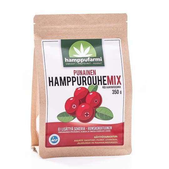 A brown paper package labeled Nordic Hempfarm Red Hemp Mix features Finnish berries on the front. The 350g pack from Nordic Hempfarm contains hemp groats, providing omega, protein, fiber, and has no added sugar.