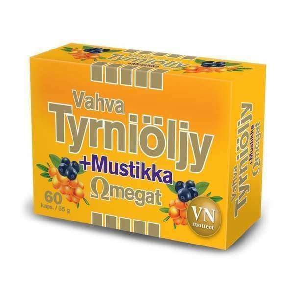 A yellow box labeled Via Naturale Omegat Buckthorn & Bilberry shows sea buckthorn berries and blueberries. This daily wellness supplement contains 60 capsules (55g) with buckthorn seed oil and bilberry seed oil.