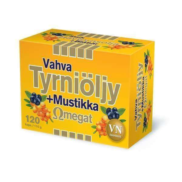 A yellow box of Via Naturale Omegat Buckthorn & Bilberry Omega supplement capsules, showing sea buckthorn and blueberries, Finnish text, and a gold seal on the front. The package contains 120 capsules.