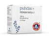 A white box of Puhdas+ Premium Omega-3 capsules (Puhdas+), labeled 1000 mg EPA & DHA 600 mg, 2 x 90 capsules, with blue text and a red Friend of the Sea logo on the front.