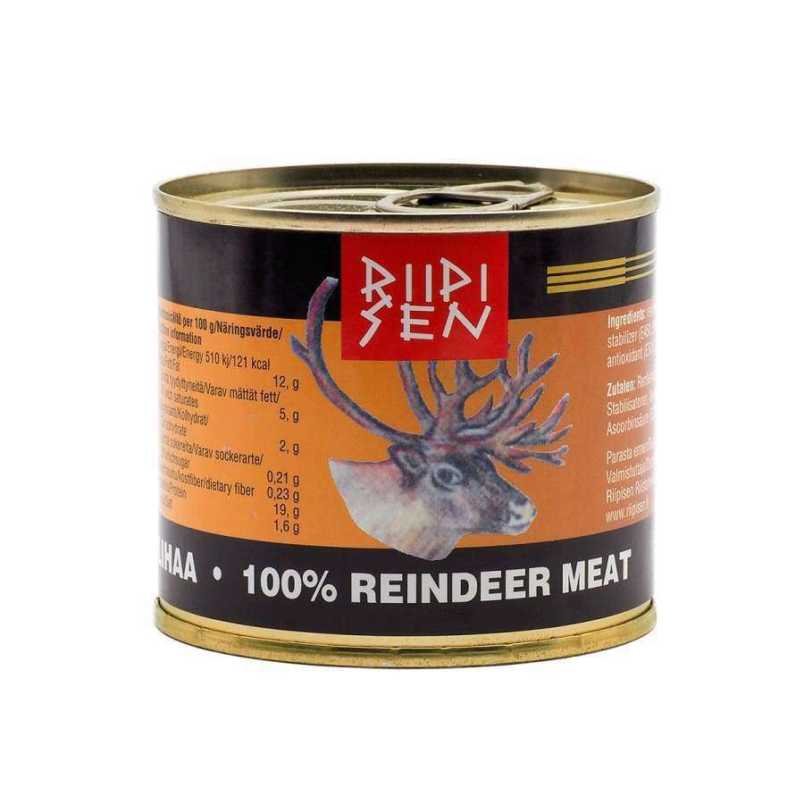 A can of Riipisen 100% Reindeer Meat features a reindeer head image, Finland-inspired black label with orange and white text, and nutritional info—ideal for authentic steaks. Brand: Riipisen.