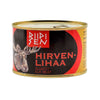 A can of Riipisen Canned Elk Meat with an elk head illustration, labeled in Finnish, Swedish, and English. The black and red design plus gold lid emphasize this premium Riipisen product.