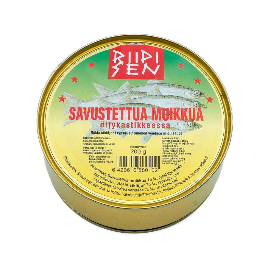 Riipisen Smoked Vendace In Oil Sauce by Riipisen comes in a round tin with a yellow label, red text, fish illustrations, and a barcode on the bottom—ideal for tapas or savory snacking.