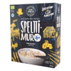 A box of SunSpelt Organic Spelt Cereal features Finnish text, yellow illustrations of a cat, chicken, barn, tractor, and a cereal bowl. The blue and black SunSpelt packaging highlights natural ingredients with white and yellow accents.