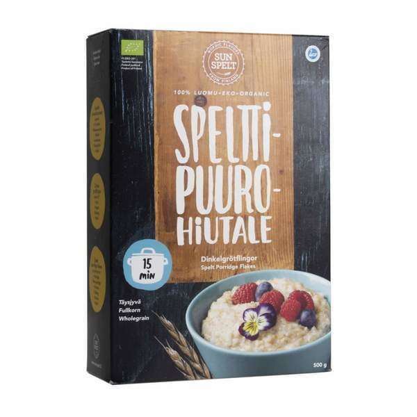 SunSpelt Organic Spelt Porridge, from the SunSpelt brand, comes in a dark 500g box with wheat illustrations. The packaging features “organic” and “wholegrain” (Finnish text), plus an image of a bowl of flakes topped with berries and a flower.