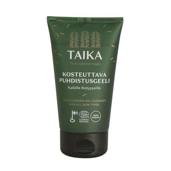A tube of Taika Cleansing Gel in green packaging, labeled in Finnish and English. This certified vegan, moisturising gel cleanser suits all skin types and displays the EcoCert and vegan logos on the front.
