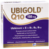 Front view of Hankintatukku Ubigold Q10 150 mg box, showing coenzyme Q10 and vitamins E, B1, B2, B12. Finnish text with flag. Contains 60 capsules for energy metabolism and support.