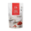 A white resealable pouch labeled Valo24h Roasted Ground Flaxseed + Raspberry Pomegranate, rich in plant protein and omega-3, blended with granulated raspberry and pomegranate. Images of flaxseed and fruit on the front; net weight 300g.