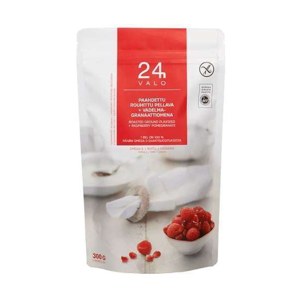 A white resealable pouch labeled Valo24h Roasted Ground Flaxseed + Raspberry Pomegranate, rich in plant protein and omega-3, blended with granulated raspberry and pomegranate. Images of flaxseed and fruit on the front; net weight 300g.
