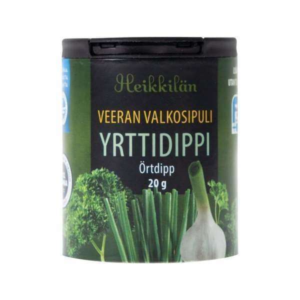 A 20g container of Heikkilä's Veera's Garlic and Herb Dip, featuring fresh green herbs and garlic on the label, ideal as a dip or for adding savory garlic seasoning to your favorite dishes.